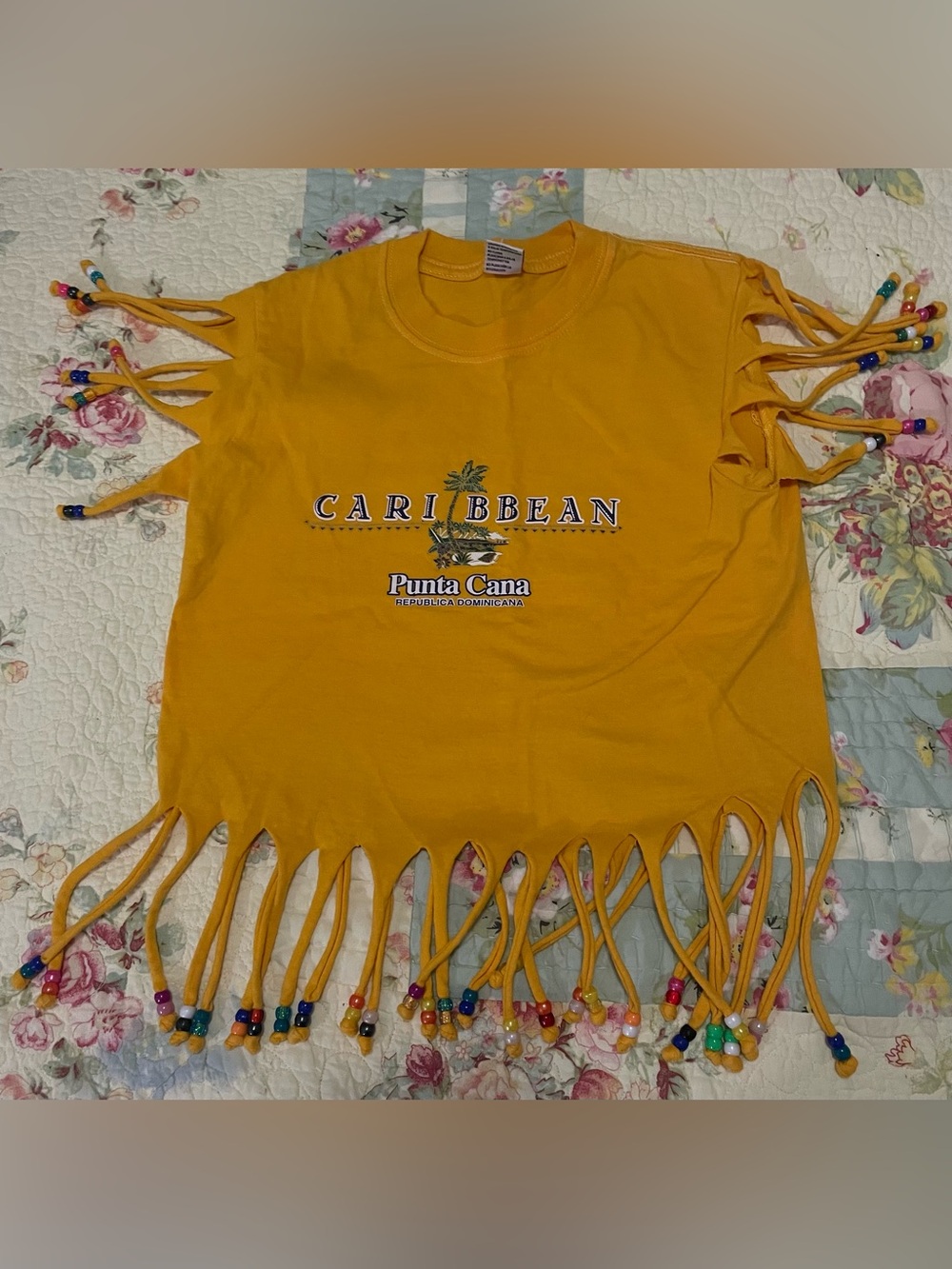 Caribbean Yellow Fringe Tee with Bead Detail